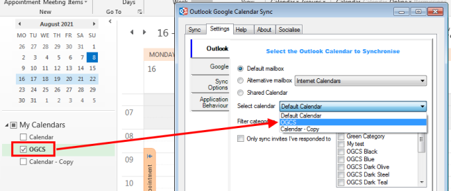 Select Outlook calendar